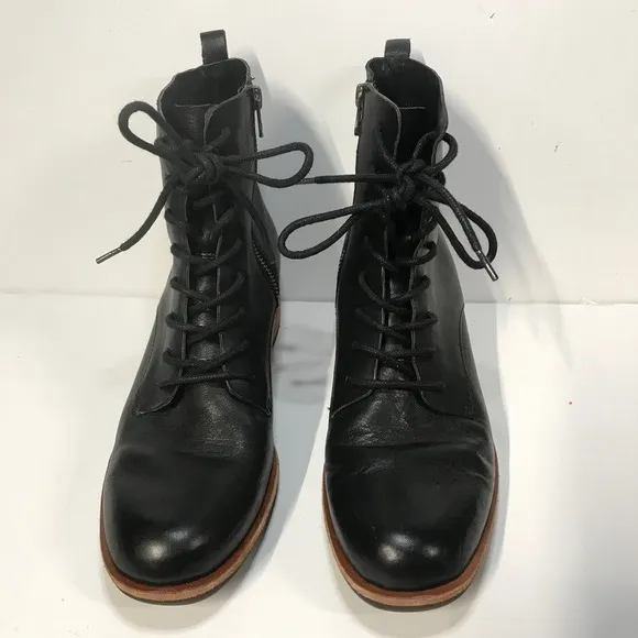Kork-Ease Leather Ankle Boots Lace Up Side Zip Black Boots Women's Size 7.5M