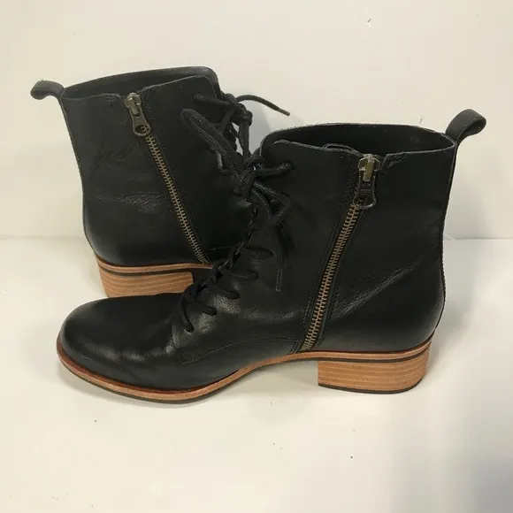Kork-Ease Leather Ankle Boots Lace Up Side Zip Black Boots Women's Size 7.5M
