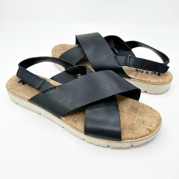 Korks Black Leather Cross Slingback Sandals 11