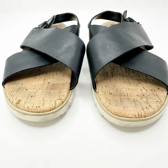 Korks Black Leather Cross Slingback Sandals 11