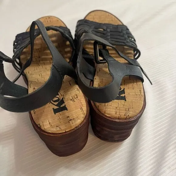 Korks Black Leather Marley Wedge Sandals Size 6M