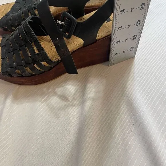Korks Black Leather Marley Wedge Sandals Size 6M