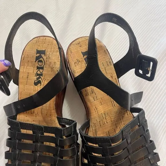 Korks Black Leather Marley Wedge Sandals Size 6M