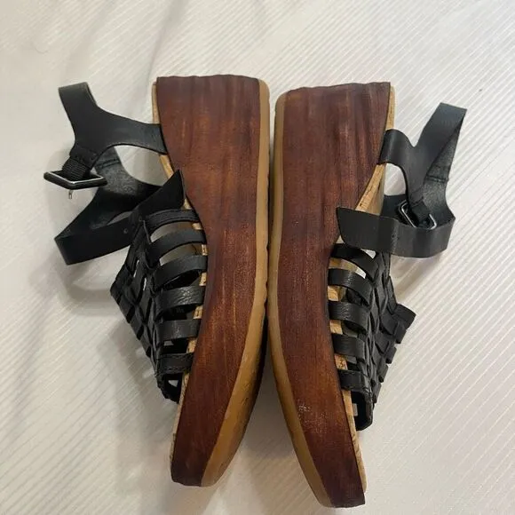 Korks Black Leather Marley Wedge Sandals Size 6M
