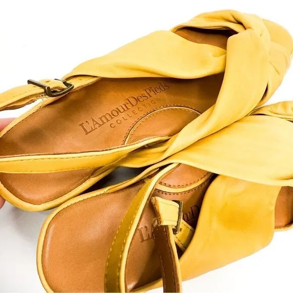 L'Amour Des Pieds Women's Burkett Yellow Buttery Soft Leather Wedge Sandals 6.5M