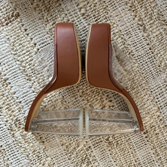Larroude Dolly Lucite Vinyl Platform Mules in Clear Caramel Brown Leather, 8.5