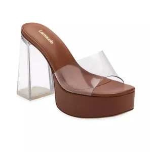 Larroude Dolly Lucite Vinyl Platform Mules in Clear Caramel Brown Leather, 8.5