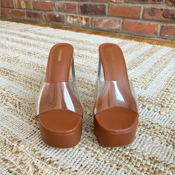 Larroude Dolly Lucite Vinyl Platform Mules in Clear Caramel Brown Leather, 8.5
