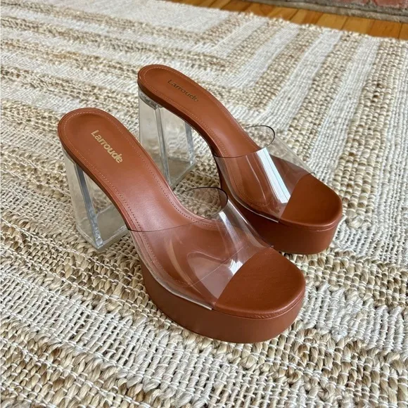 Larroude Dolly Lucite Vinyl Platform Mules in Clear Caramel Brown Leather, 8.5