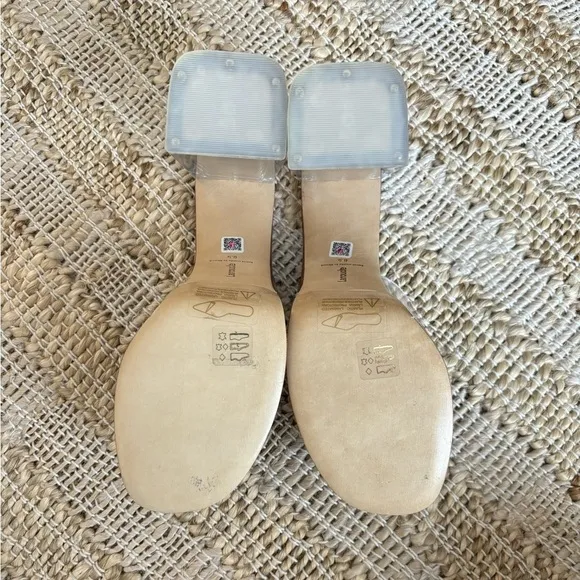 Larroude Dolly Lucite Vinyl Platform Mules in Clear Caramel Brown Leather, 8.5