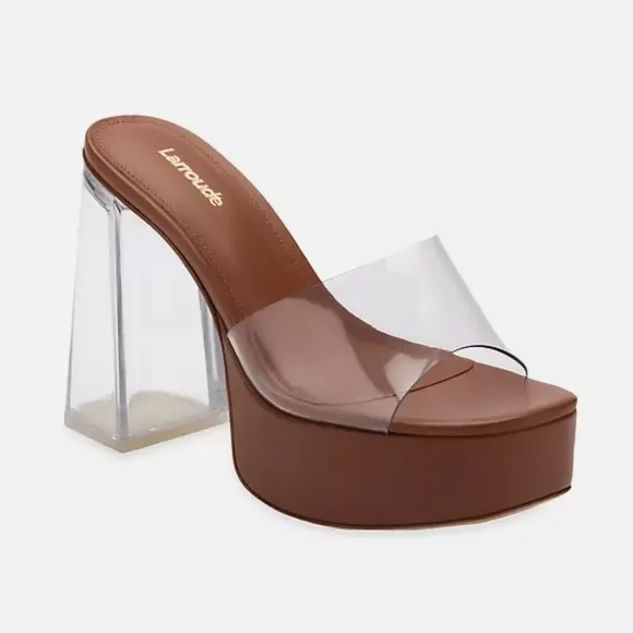 Larroude Dolly Lucite Vinyl Platform Mules in Clear Caramel Brown Leather, 8.5