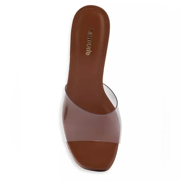 Larroude Dolly Lucite Vinyl Platform Mules in Clear Caramel Brown Leather, 8.5