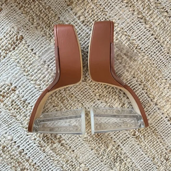 Larroude Dolly Lucite Vinyl Platform Mules in Clear Caramel Brown Leather, 8.5