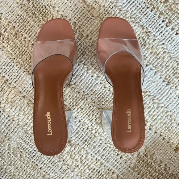 Larroude Dolly Lucite Vinyl Platform Mules in Clear Caramel Brown Leather, 8.5