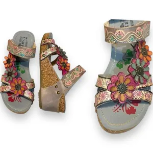 L'Artiste Spring Step Delight Grey Multi Flowers Leather Sandals 36