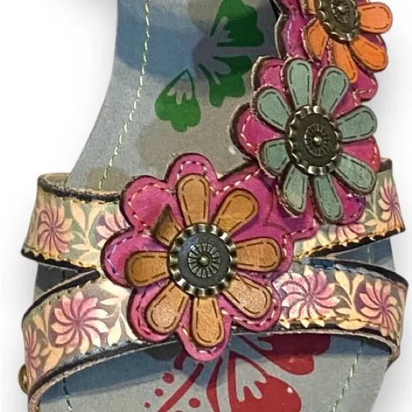 L'Artiste Spring Step Delight Grey Multi Flowers Leather Sandals 36