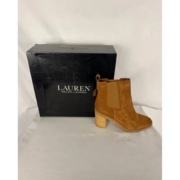 Lauren Ralph Lauren Suede Chelsea Boots Heeled Ankle Booties Cognac 8B
