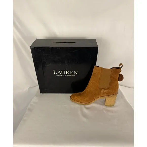 Lauren Ralph Lauren Suede Chelsea Boots Heeled Ankle Booties Cognac 8B