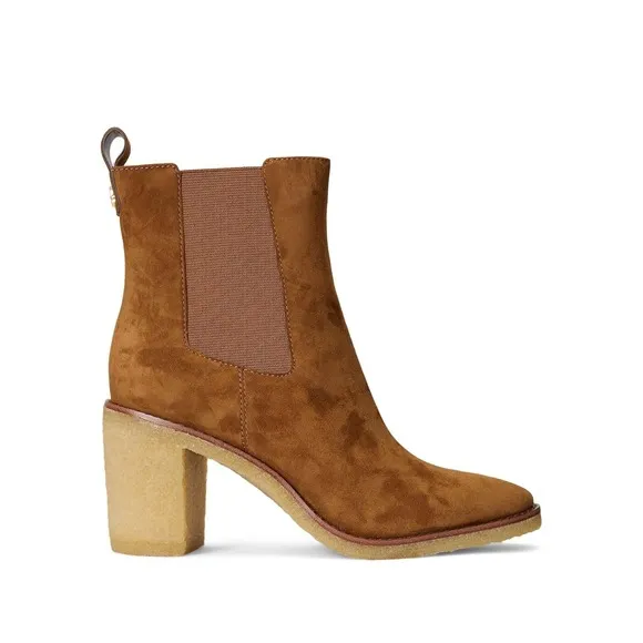 Lauren Ralph Lauren Suede Chelsea Boots Heeled Ankle Booties Cognac 8B