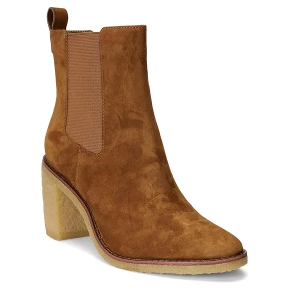 Lauren Ralph Lauren Suede Chelsea Boots Heeled Ankle Booties Cognac 8B