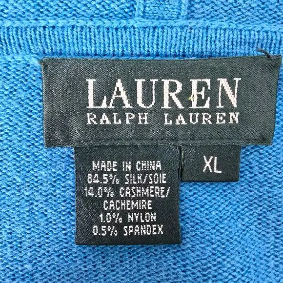 LAUREN RALPH LAUREN  Two-way Full Zip Hoodie Cardigan Sweater Silk Cashmere XL