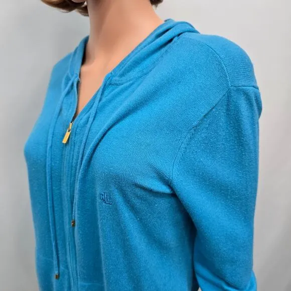 LAUREN RALPH LAUREN  Two-way Full Zip Hoodie Cardigan Sweater Silk Cashmere XL