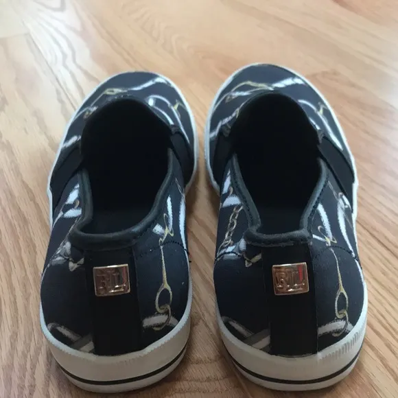 Lauren Ralph Lauren womens 6B black link print cotton canvas Jinny loafers.