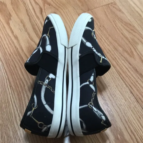 Lauren Ralph Lauren womens 6B black link print cotton canvas Jinny loafers.