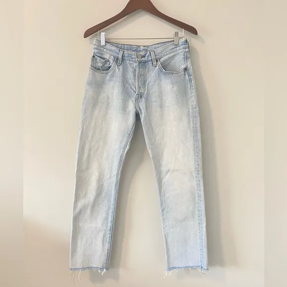 Levi’s 501 Distressed Light Wash Denim Jeans straight leg raw hem