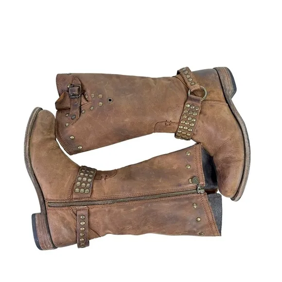 Liberty Black Womens Studded Harness Cowboy Boots Sz 8 Brown Western Side Zip