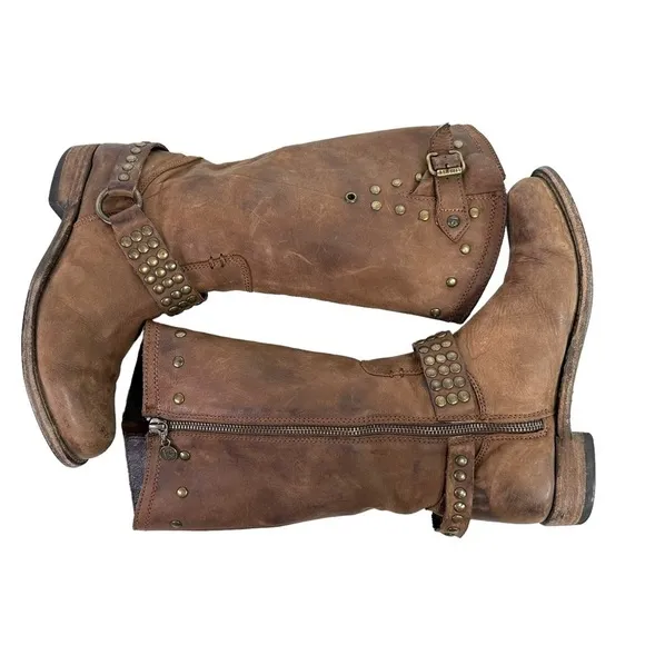 Liberty Black Womens Studded Harness Cowboy Boots Sz 8 Brown Western Side Zip