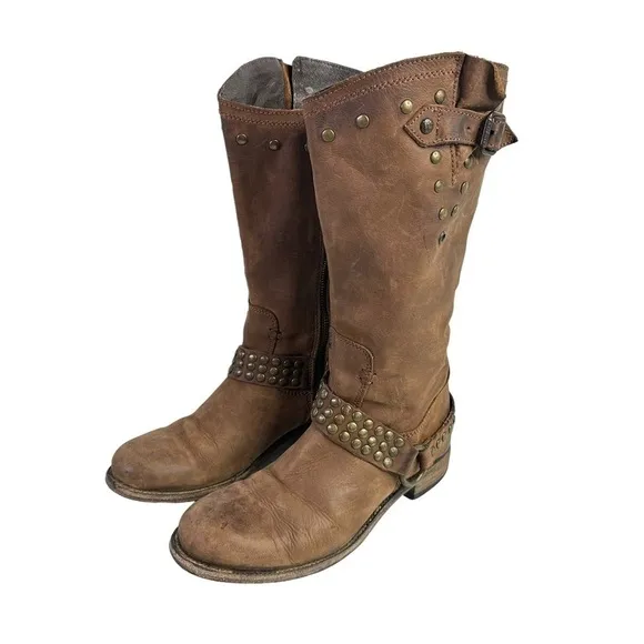Liberty Black Womens Studded Harness Cowboy Boots Sz 8 Brown Western Side Zip