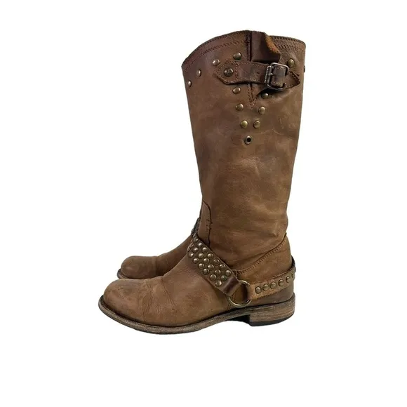 Liberty Black Womens Studded Harness Cowboy Boots Sz 8 Brown Western Side Zip