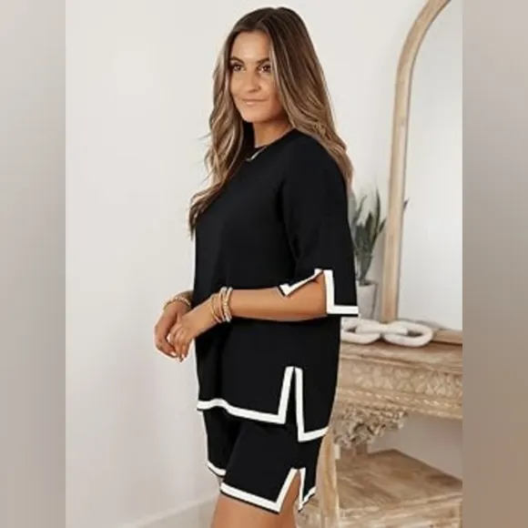 Lillusory Women's2 Piece Outfits Matching Lounge Sets Tracksuit Knit Tops Shorts