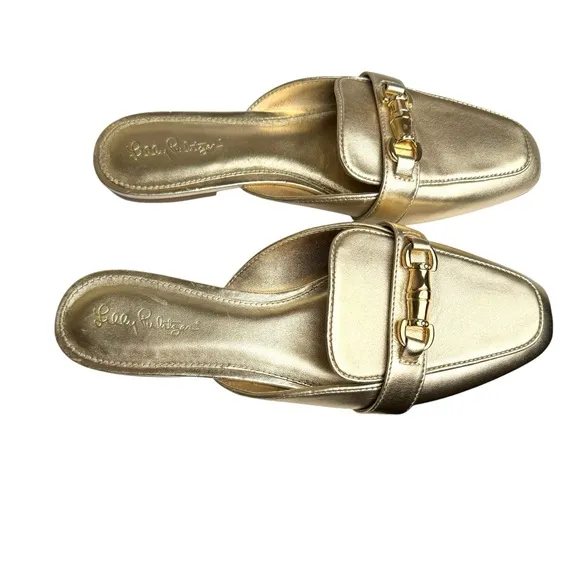 Lilly Pulitzer Andi Horsebit Metallic Gold Leather Mules Flats Slides Women’s