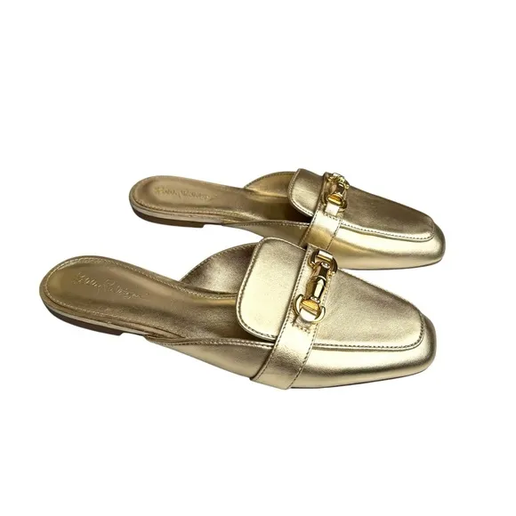 Lilly Pulitzer Andi Horsebit Metallic Gold Leather Mules Flats Slides Women’s