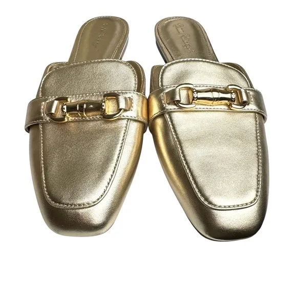 Lilly Pulitzer Andi Horsebit Metallic Gold Leather Mules Flats Slides Women’s