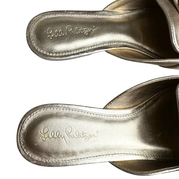 Lilly Pulitzer Andi Horsebit Metallic Gold Leather Mules Flats Slides Women’s