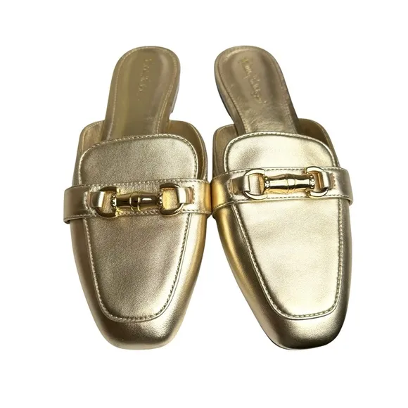 Lilly Pulitzer Andi Horsebit Metallic Gold Leather Mules Flats Slides Women’s