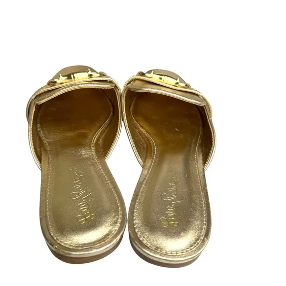 Lilly Pulitzer Andi Horsebit Metallic Gold Leather Mules Flats Slides Women’s