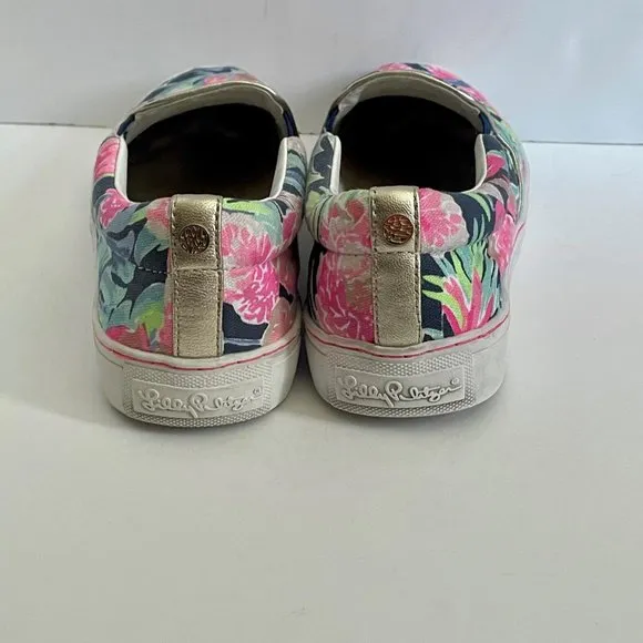 Lilly Pulitzer Julie Sneakers Size 9.5 Tropicola High Tide Navy Printed Canvas