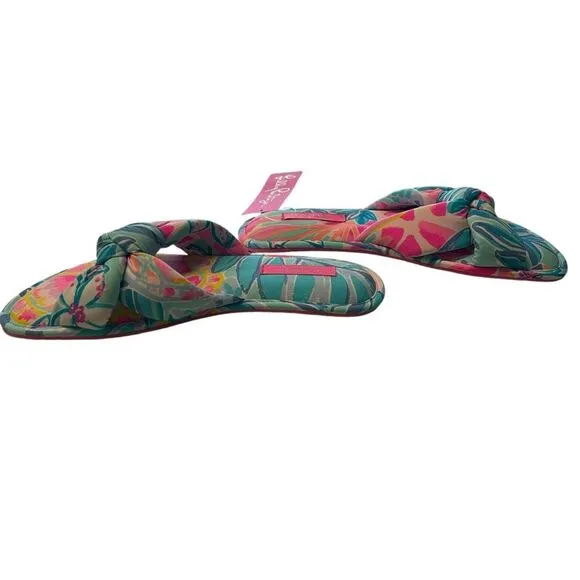 Lilly Pulitzer S/M Pool Slipper Slides Aqua Pink Rainforest Retreat Resortwear
