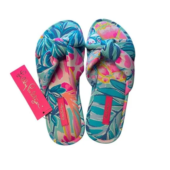 Lilly Pulitzer S/M Pool Slipper Slides Aqua Pink Rainforest Retreat Resortwear
