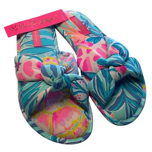 Lilly Pulitzer S/M Pool Slipper Slides Aqua Pink Rainforest Retreat Resortwear