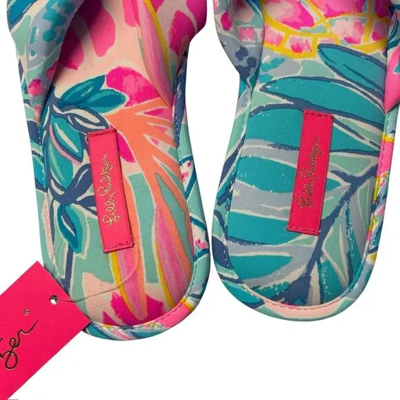 Lilly Pulitzer S/M Pool Slipper Slides Aqua Pink Rainforest Retreat Resortwear