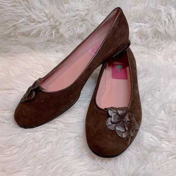 LILLYPulitzer Women's Ballet Flats Leather Suede Shoes Flower detail NWOT 7.5