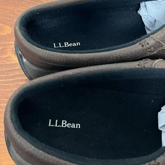 L.L. Bean Men's Pebbled Rugged Dark Brown Leather Comfort Moc Slides NEW 8