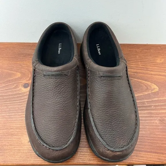 L.L. Bean Men's Pebbled Rugged Dark Brown Leather Comfort Moc Slides NEW 8