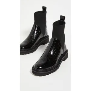 Loeffler Randall 'Bridget' Black Croc Embossed Leather Chelsea Combat Boots