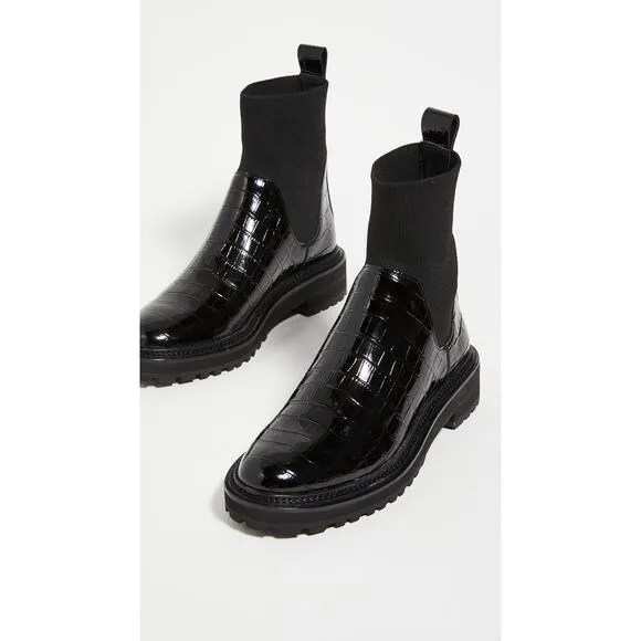Loeffler Randall 'Bridget' Black Croc Embossed Leather Chelsea Combat Boots